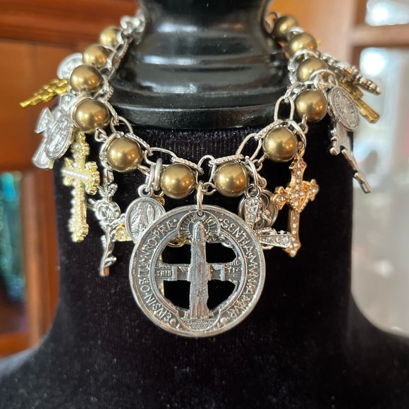 Hand Crafted Jewelry - Saint Benedict Multi Cross Charm Bracelet ~ Vintage  Austrian Copper Pearls